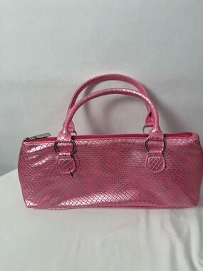 Glossy Pink Snake-Embossed Top-Handle Travel Bag
